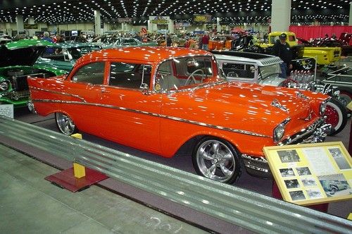 1957 chevy 210 , rotisserie restored,350, 5-speed stick..pearl orange!! like new