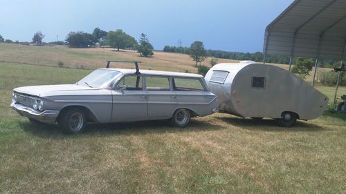 1961 chevrolet parkwood impala station wagon with 1952 nomad tear drop trailer